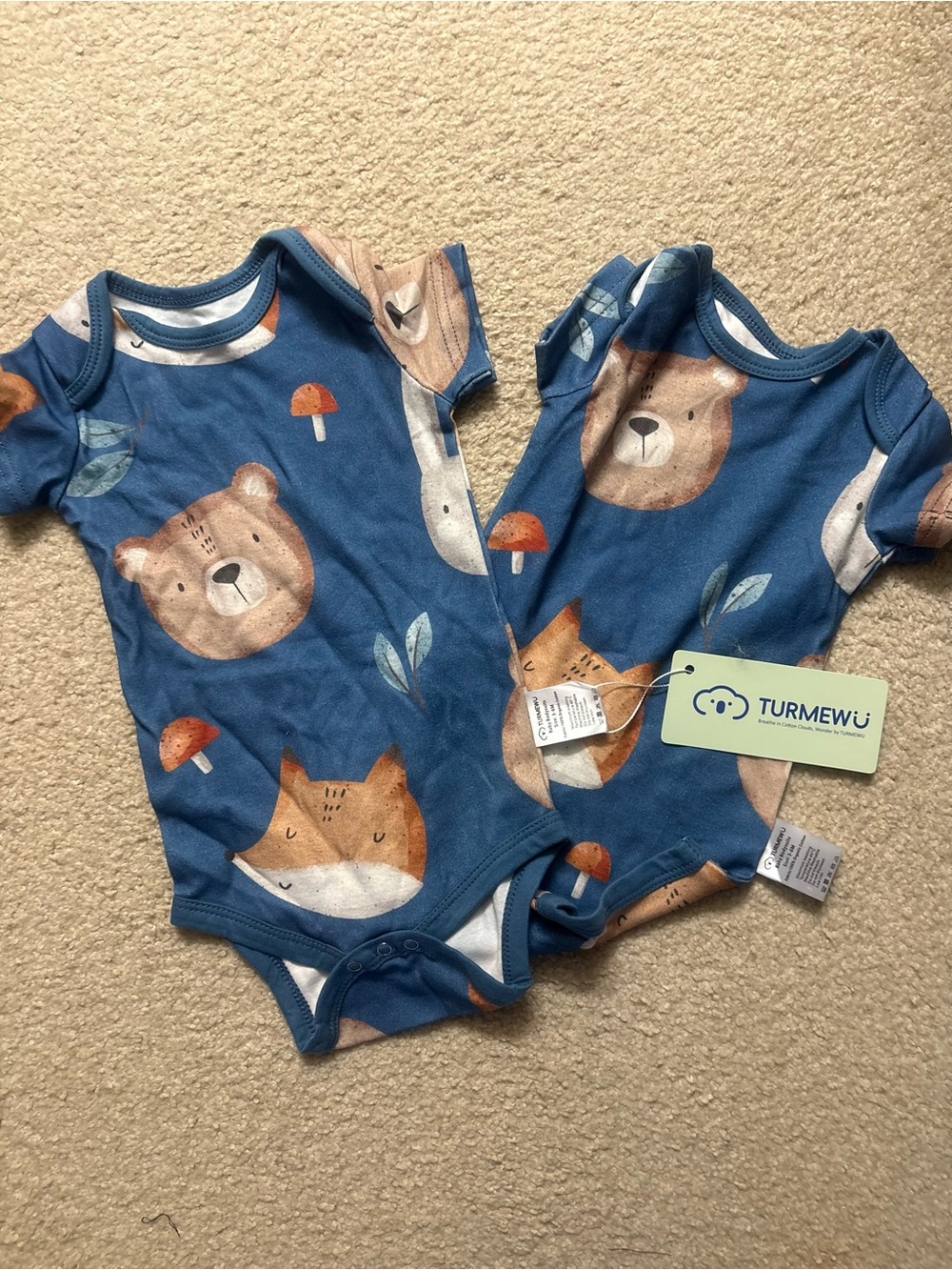 Turmewu Blue Woodland Animals Baby One-Piece (2-Pack) Boys 3-6 months NWT